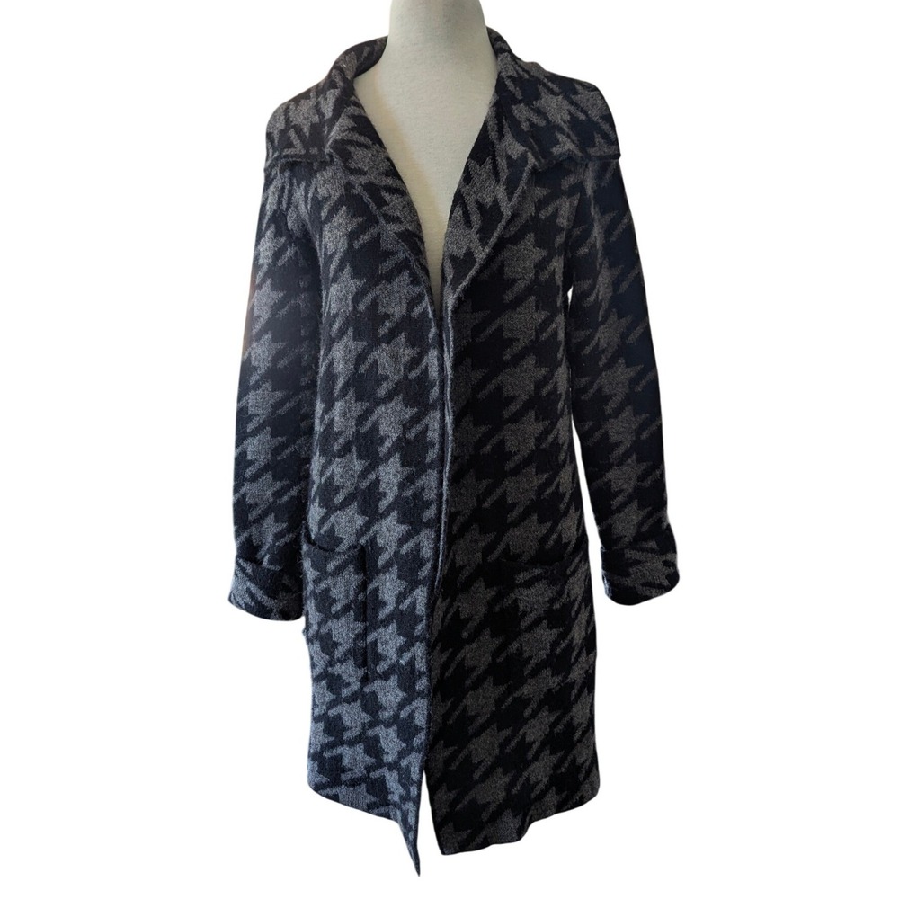 MaxStudio Houndstooth Cardigan Women OS Black Grey Longline Knit Open Front Coat